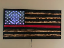 Load image into Gallery viewer, Wooden American Flag, Fire Fighter, Police, Military, Retirement, Coin Display, Thin Red Line, Thin Blue Line, LED
